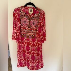 FIGUE embroidered appliqué silk pink ikat dress